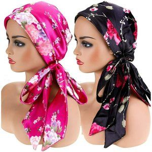 2 Pieces Soft Satin Head Scarf Sleeping Cap Bonnet Headwear Head Cover